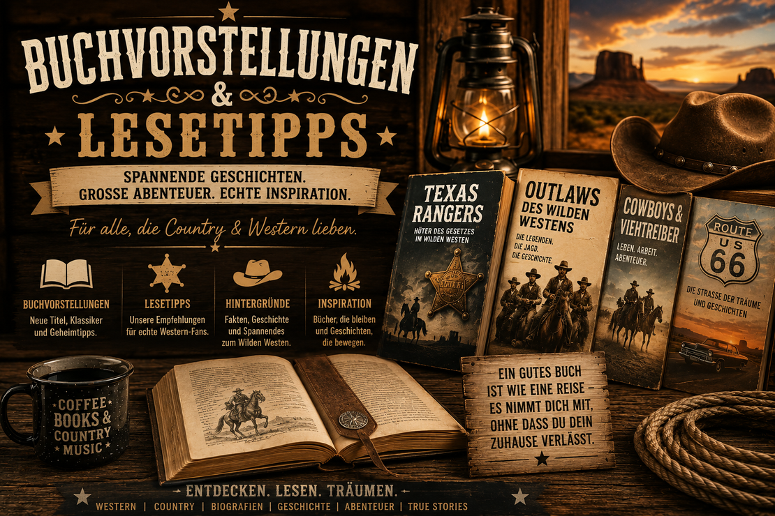 Bücherstapel mit Westernmotiv auf einem Holztisch